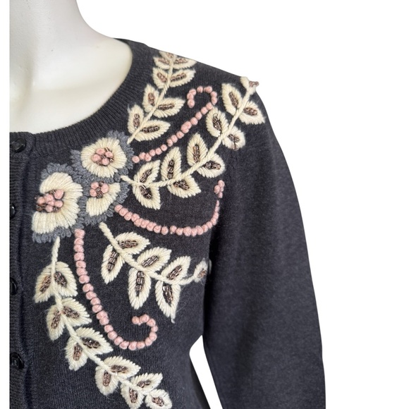 Anthropologie Tabitha Charcoal Beaded Cardigan | Floral Embroidery | Medium - Picture 3 of 11